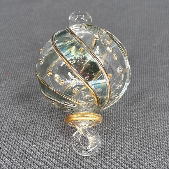 Egyptian Museum Hand Blown Glass Ornament Set 2 Gold Trim Spiral Iridescent Box - Picture 11 of 16